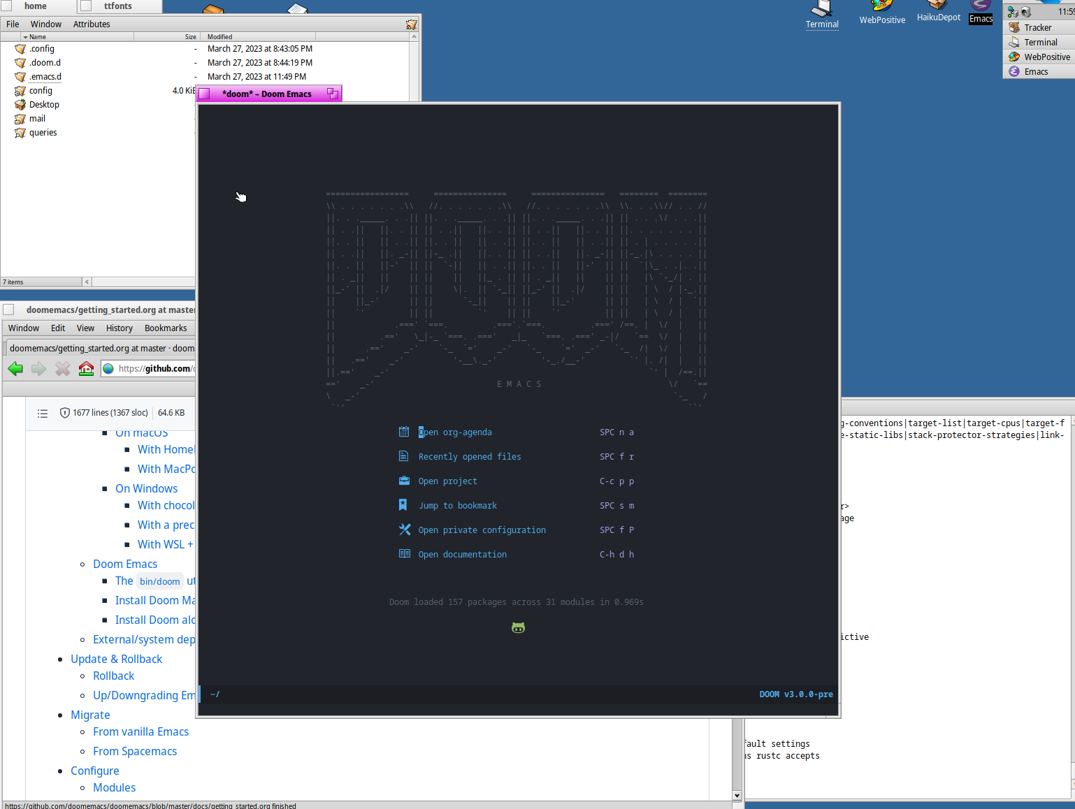 Doom Emacs running in the Haiku operating system